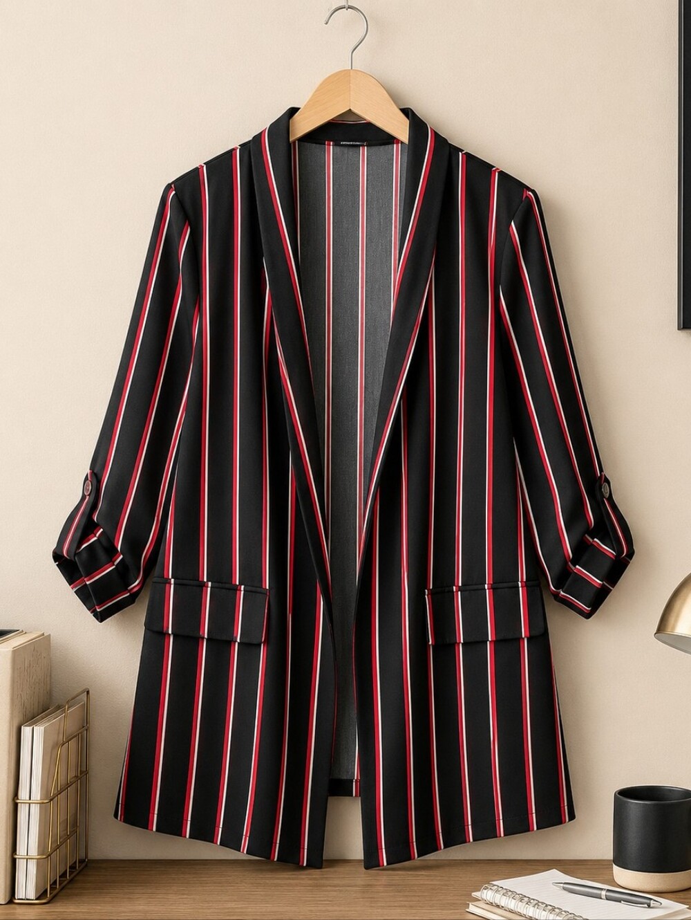 Penningtons Plus Size 2x:Black Blazer with Red and White Pinstripes - Open Front